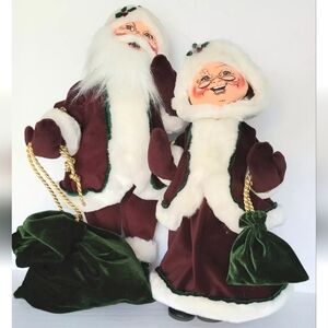 2005 ANALEE SANTA AND MRS. CLAUSE CHRISTMAS COUPLE MAROON VELVET & FUR  17" TALL